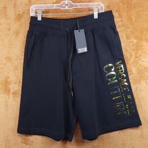VERSACE Sweat Shorts Mens Medium Black Drawstring Logo Spellout $400